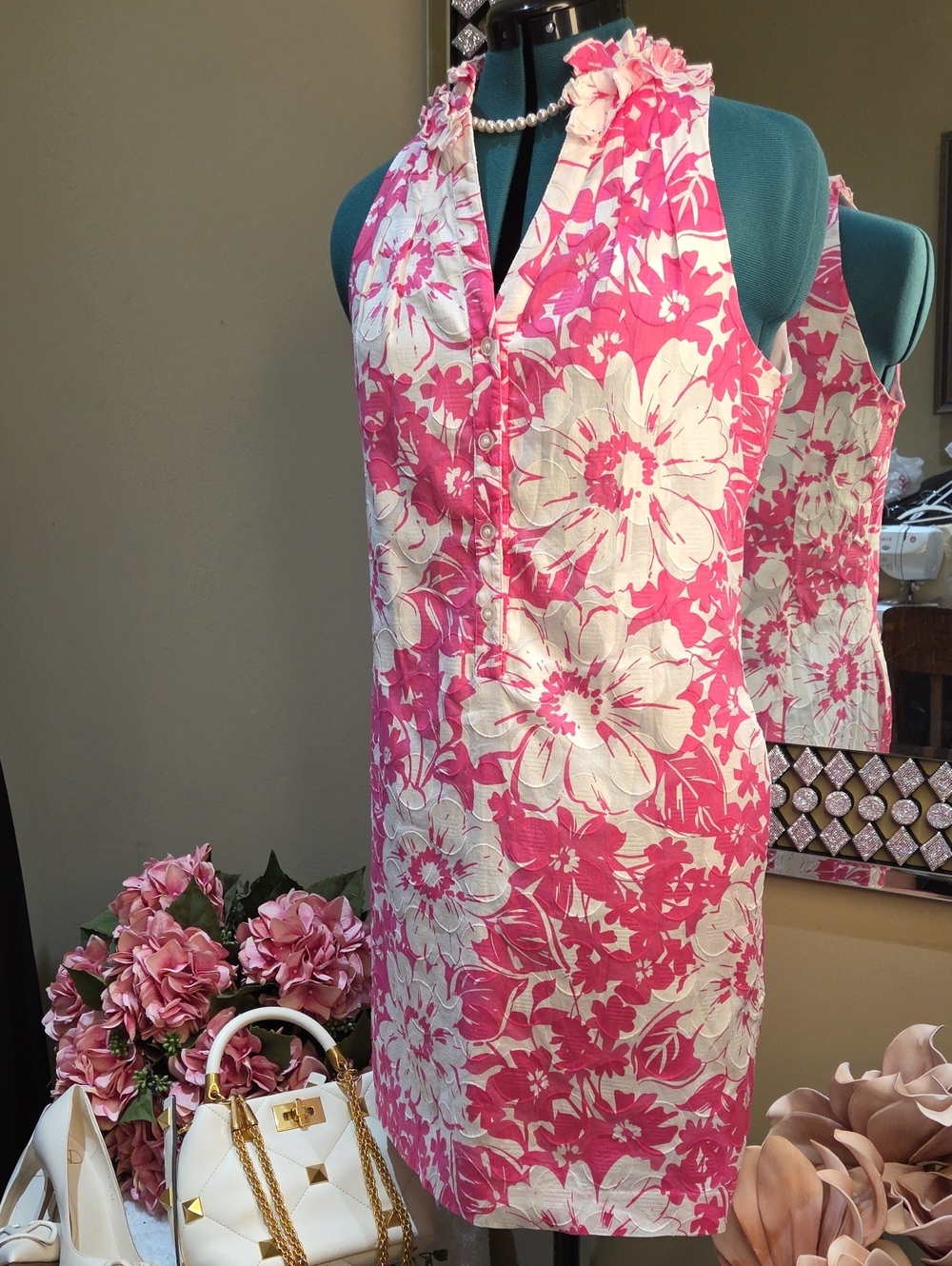 madison leigh Pink and White Floral Midi Dress